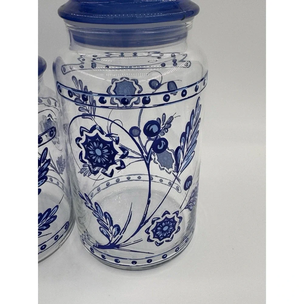 Anchor Hocking Glass Pietro Gobeo Set Of 3 Blue Kitchen Canister Flower 1970s